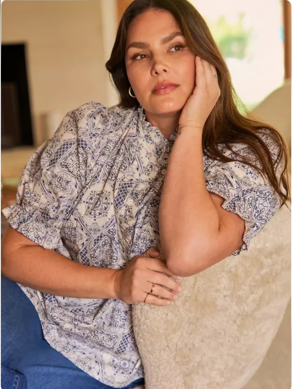 torrid Blue Tile-Print Puff Sleeve Blouse